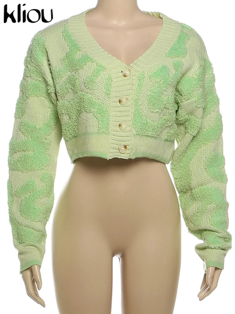 Kliou Knit Coats ladies Autumn New Full Sleeve Breasted Buttons V-neck Ruched Sweather Outwear Bare Midriff Street Tops