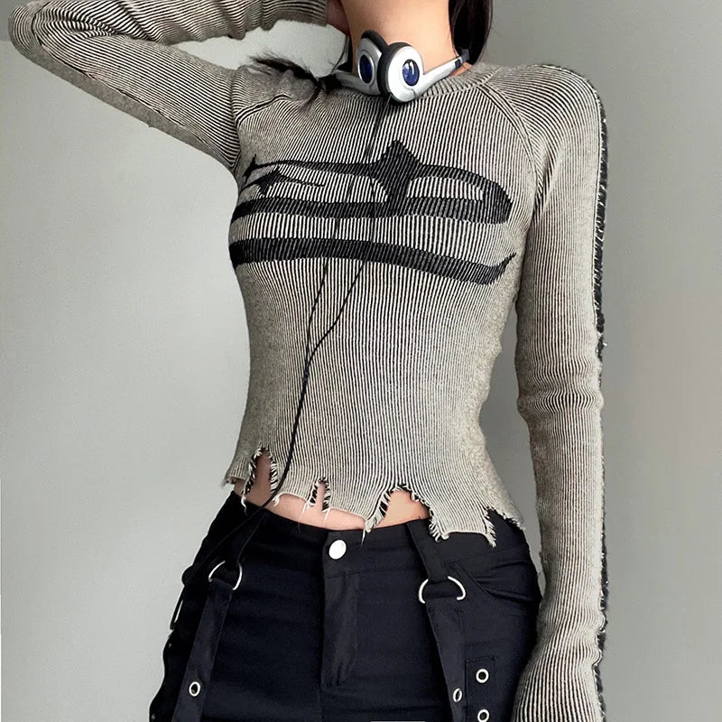 HLJ&GG American Vintage Style Women Knitting Print Long Sleeve Slim Top And Mini Pleated Skirts Outfits Fashion Y2K 2pcs Clothes