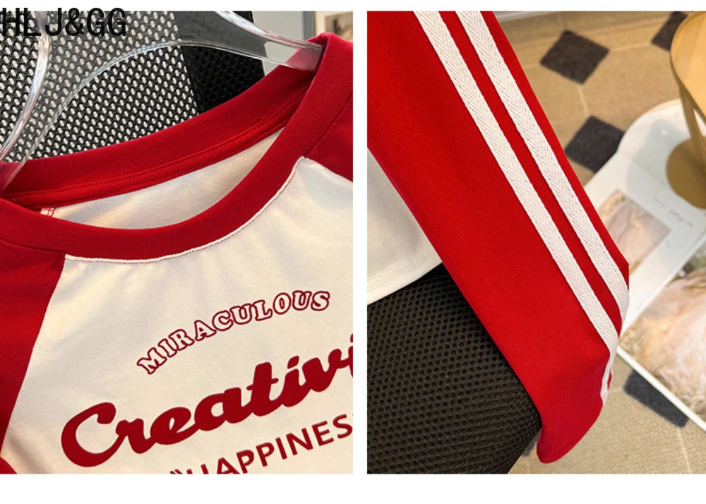 HLJ&GG Retro American Letter Printing Two Piece Sets Women Round Neck Long Sleeve Top And Mesh See Though Pants Outfits 2025 New