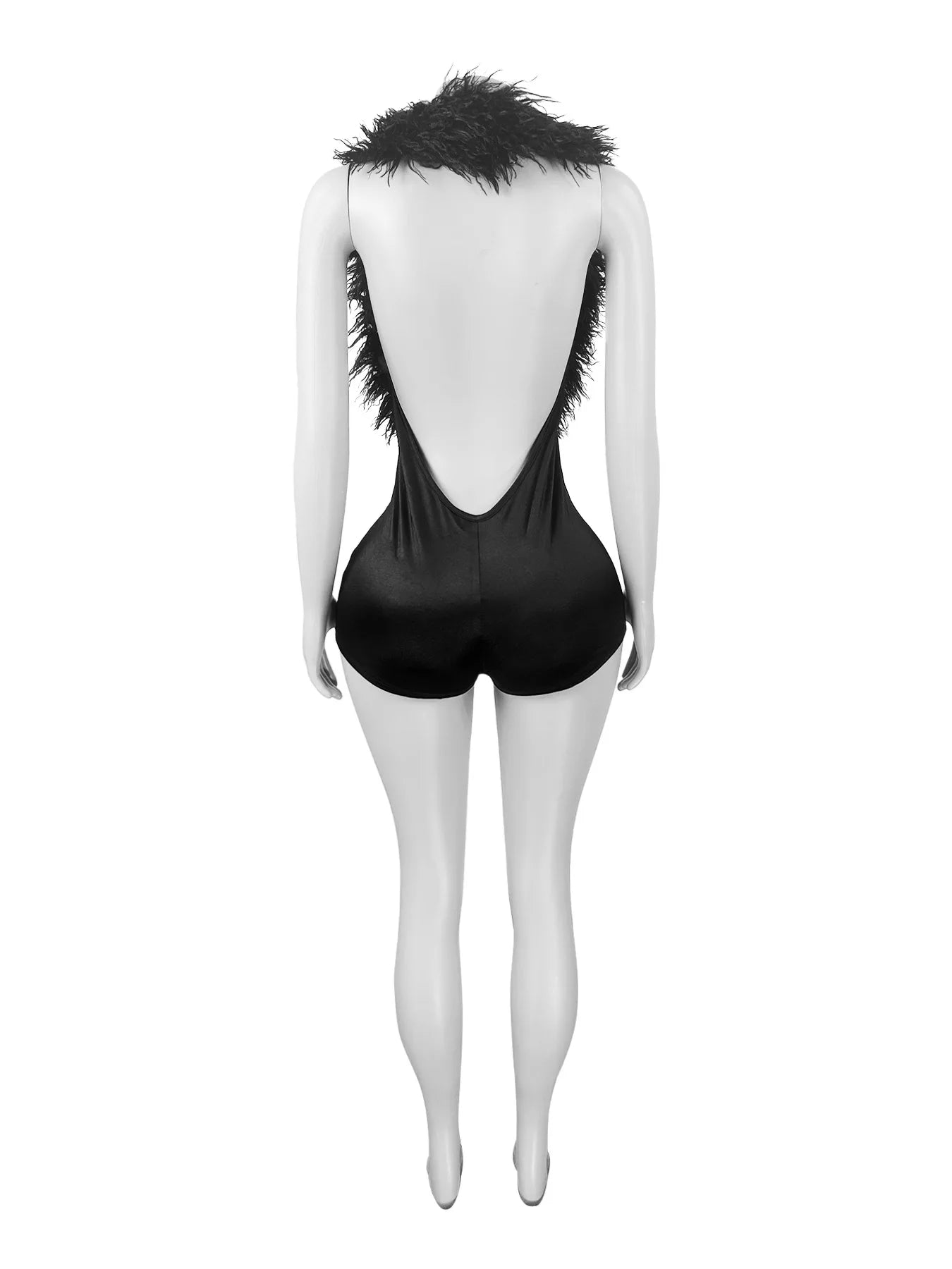 Joskaa Women's Sexy Faux Fur Romper Halter Deep V Backless Activity Workout Fit Skinny Playsuits Holiday Club Rompers S-XXL