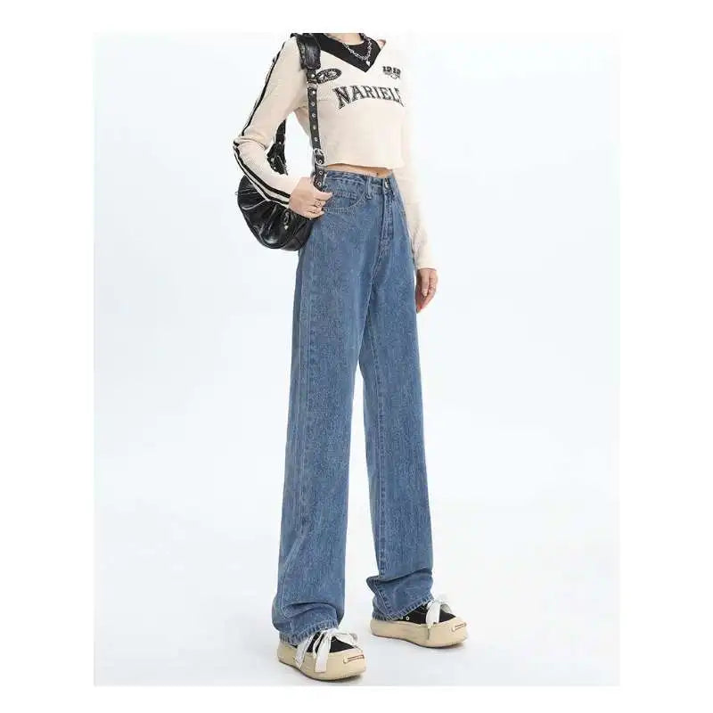 Ladies Vintage Wide Leg Jeans Girls High Waist Pants Female Fashion Black Black Grey Retro Blue Light Blue Pink Trousers