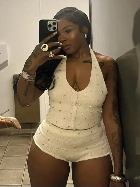 Weird Puss Diamond Women 2 Piece Set Luxury Knit Halter Backless Tank Tops+Shorts Casual Matching Streetwear Stretch Simple Suit