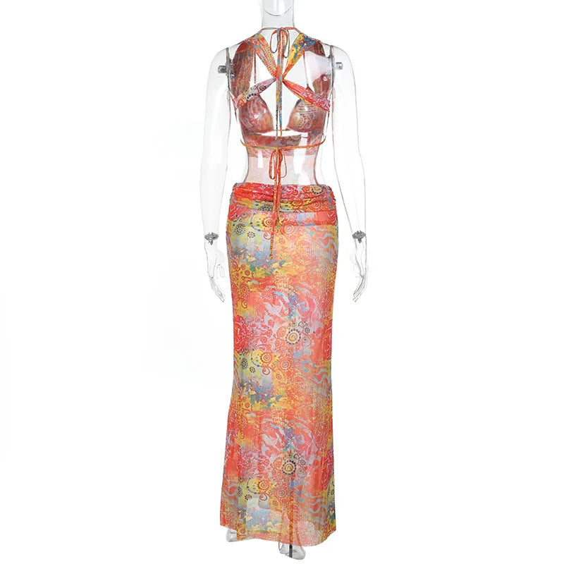 HLJ&GG Sexy Deep V Mesh See Though Bandage Long Dresses Women Tie Dye Print Sleeveless Backless Slim Vestidos Fashion Streetwear