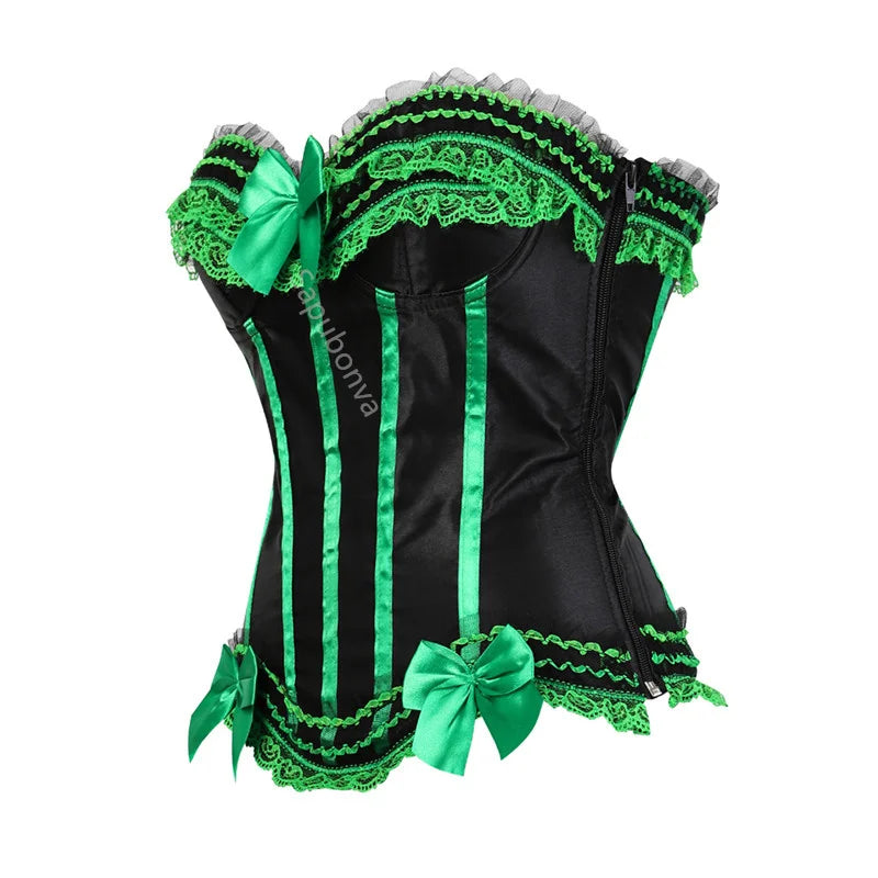 Sapubonva Lace up corsets bustiers top sexy satin overbust corset striped ladies satin halloween big size red black pink korsett