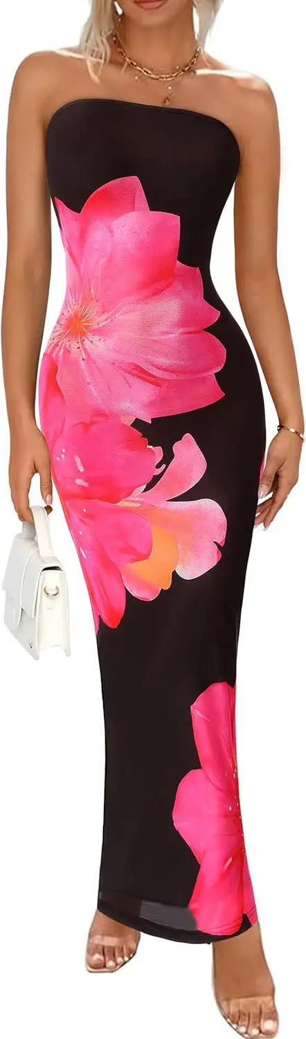 HLJ&GG Sexy Flowers Printing Bodycon Maxi Dresses Women Off Shoulder Sleeveless Backless Slim Vestidos Fashion Streetwear 2025