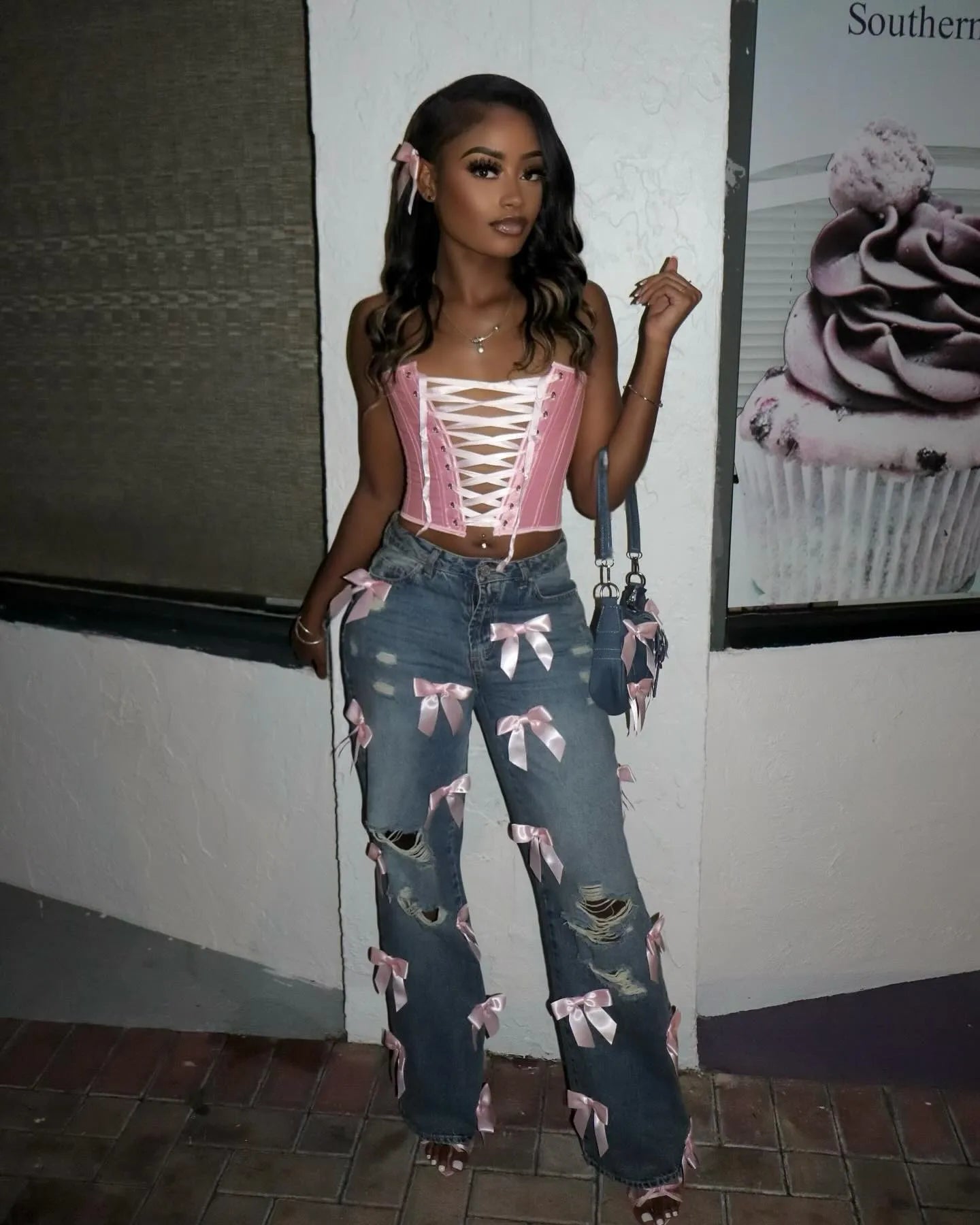 HLJ&GG Y2K Fashion Bow Sweet Straight Jeans Pants Women High Waisted Button Pocket, Hot Girl Streetwear Bottoms 2025