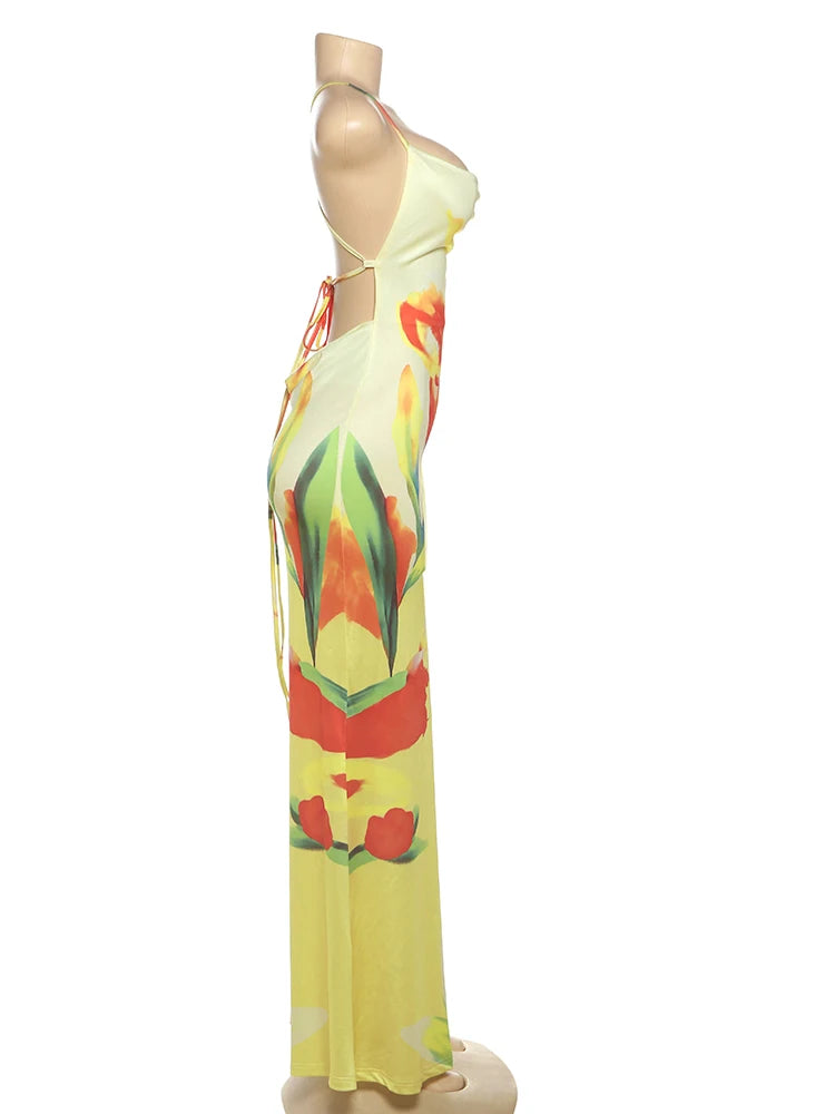 Weird Puss Floral Print Sexy Lace-Up Backless Dress Women Ruched Swing Collar Sleeveless Robe Vacation Trend Beach Party Outfits