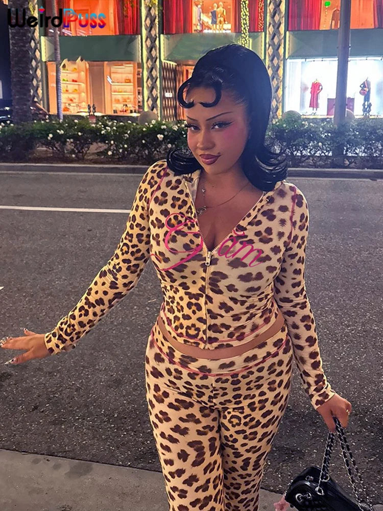 Weird Puss Leopard Contrast Letter Print 2 Piece Set Women Hooded Full Sleeve Crop Jacket+Skinny Stretch Flare Pants Trend Suits