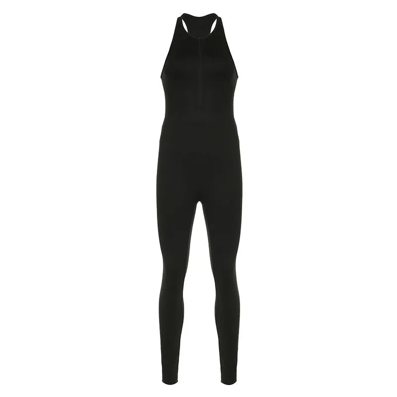 European American Sports Yoga Women's Solid Color Splicing Zipper Hollow Out Backless Tight Fitting Sleeveless Jumpsuit Pants
