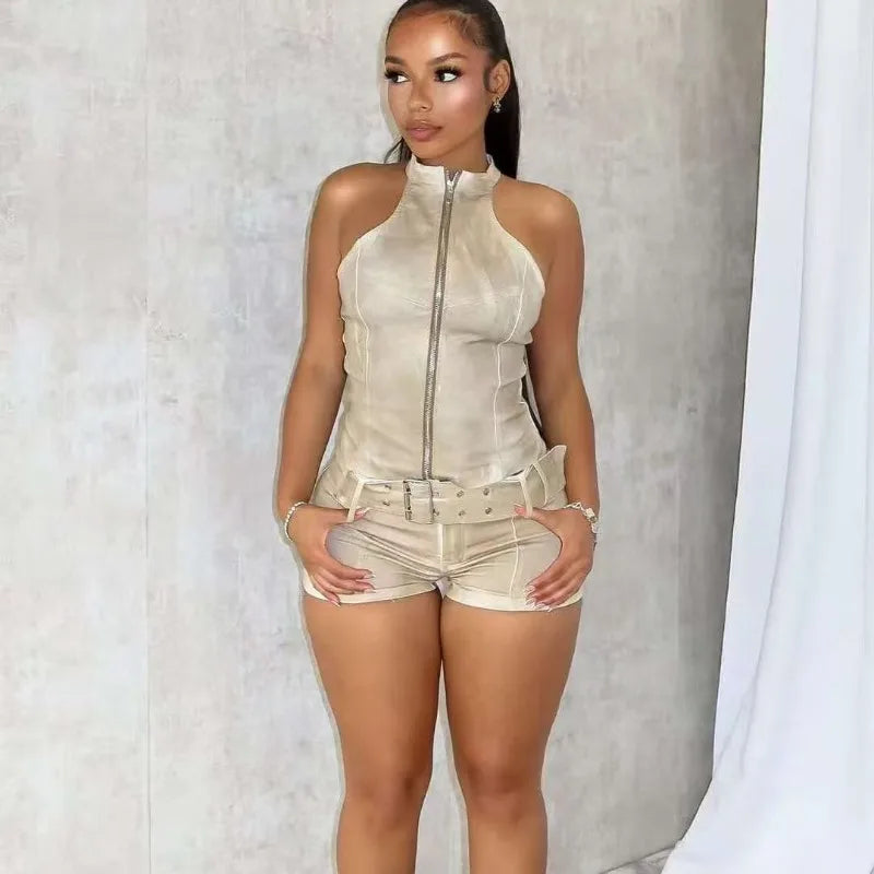 HLJ&GG Sexy Bodycon ladies 2 Piece Set Outfit Halter Sleeveless Backless Crop Tops + Shorts Matching Suits, Streetwear New