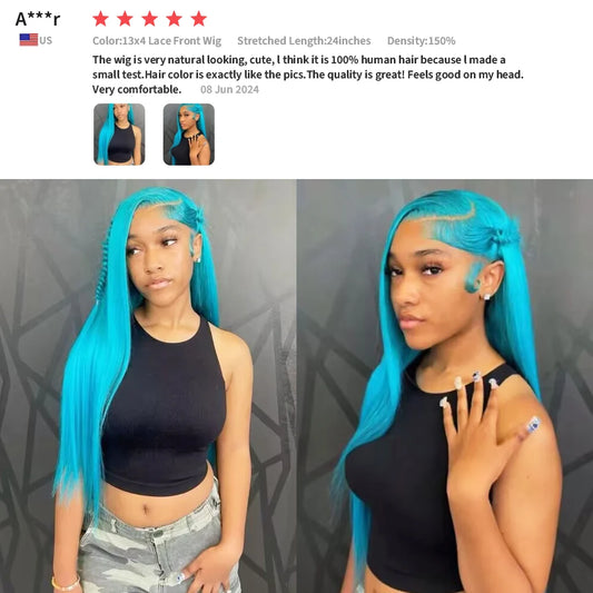 250 Density Blue Colored Straight Lace Front Real Human Hair Wigs Brazilian 13x4 13x6 Transparent Lace Frontal Wigs For Women