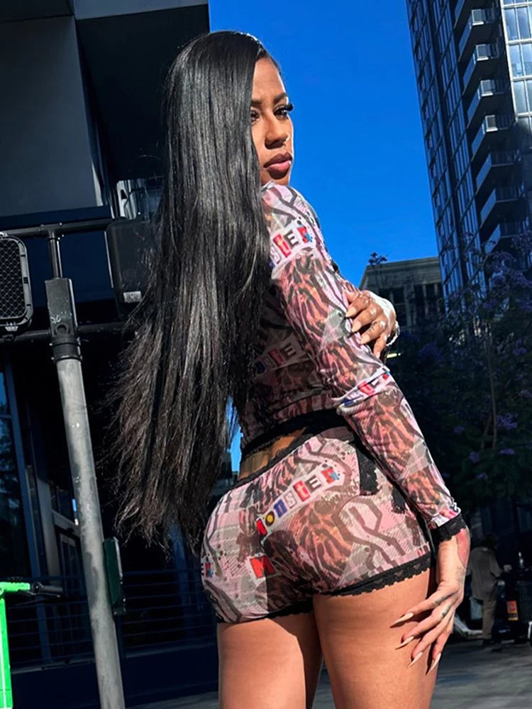 Weird Puss See Through Women 2 Piece Set Sexy Black-Edged Lace Sexy Full Sleeve Crop Tops+Shorts Matching Club Stretch Outfits