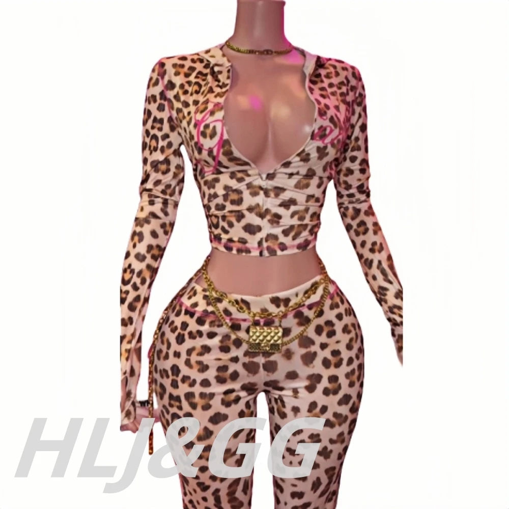 HLJ&GG Y2K Leopard Letter Hooded Two Piece Sets Women Zipper Long Sleeve Slim Crop Top And Pants Outfits Fashion 2pcs Streetwear