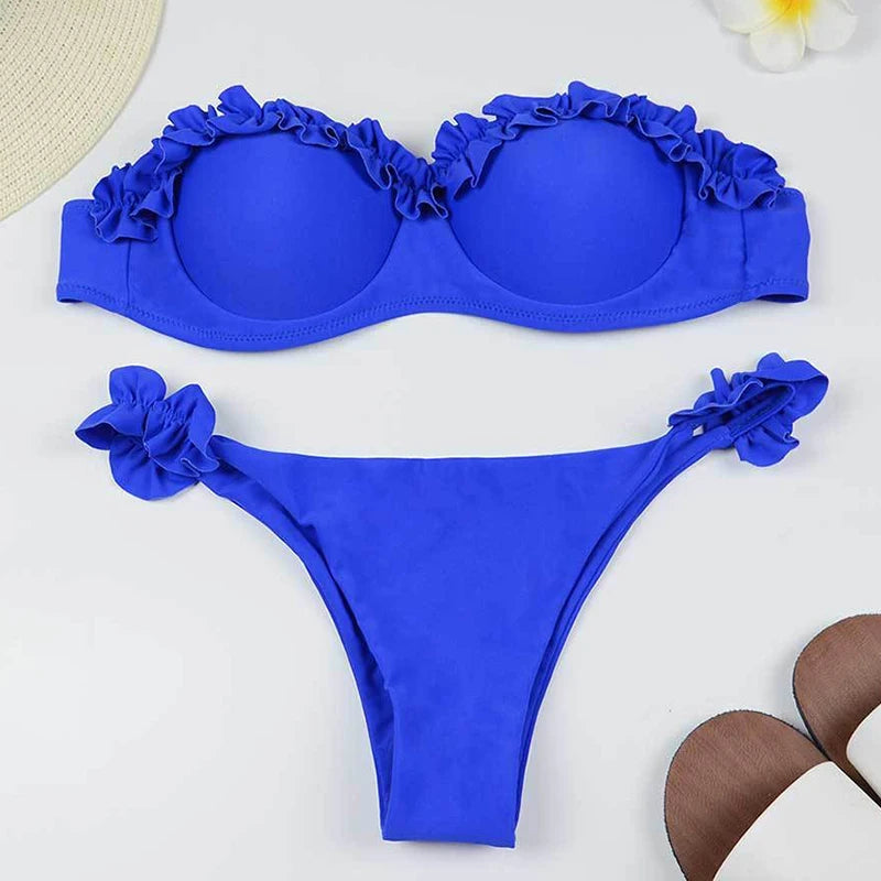 Solid Bikini Set Women Swimsuit Chic Ruffles Micro Bikini Split Bathing Suit Summer 2025 New Beach Spice Girl Swimwear