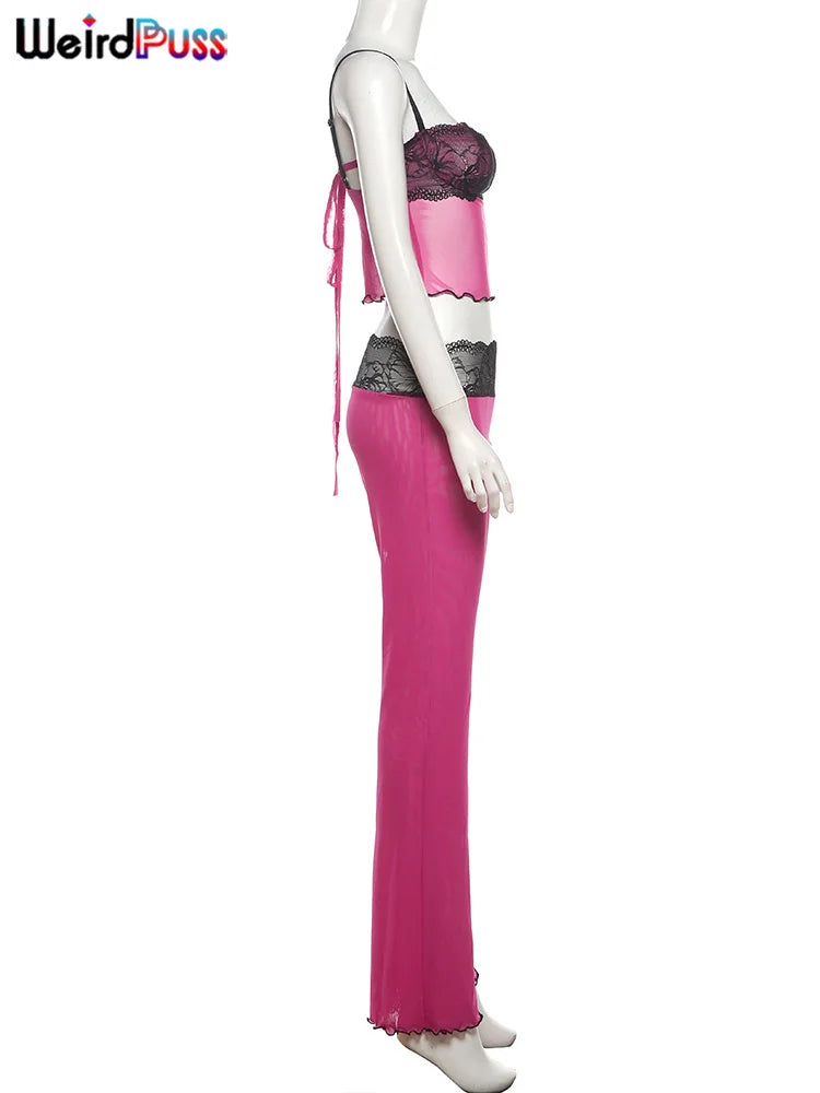 Weird Puss Mesh Patchwork 2 Piece Set Women Sexy Cleavage Sleeveless Crop Tops+Leopard Print Skinny Pants Street Wild Trend Suit
