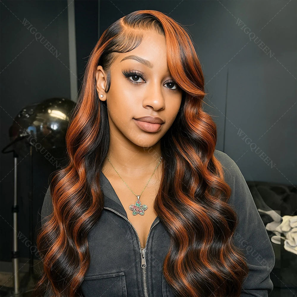 Upgraded 1B/30 Balayage Body Wave 13x4 Highlight Lace Front Human Hair Wig Vietnamese 30 Inch Omber Brown Colored Wig Human Hair