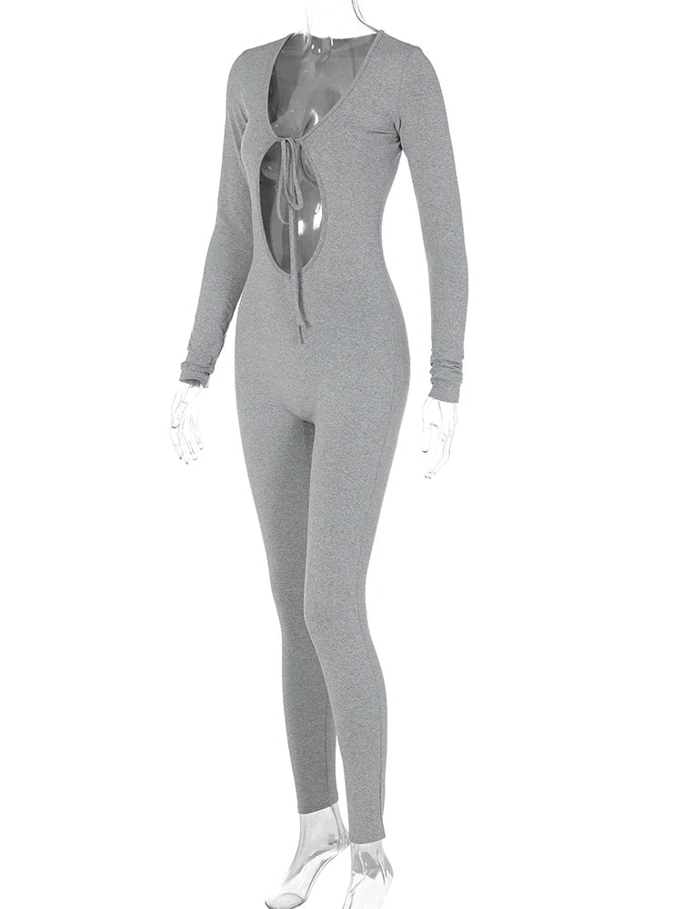 Dulzura Solid Pure Hole Hollow Out Straps Lace-Up Jumpsuit Long Sleeves 2023 Summer Autumn For Women Sexy Streetwear Wholesale