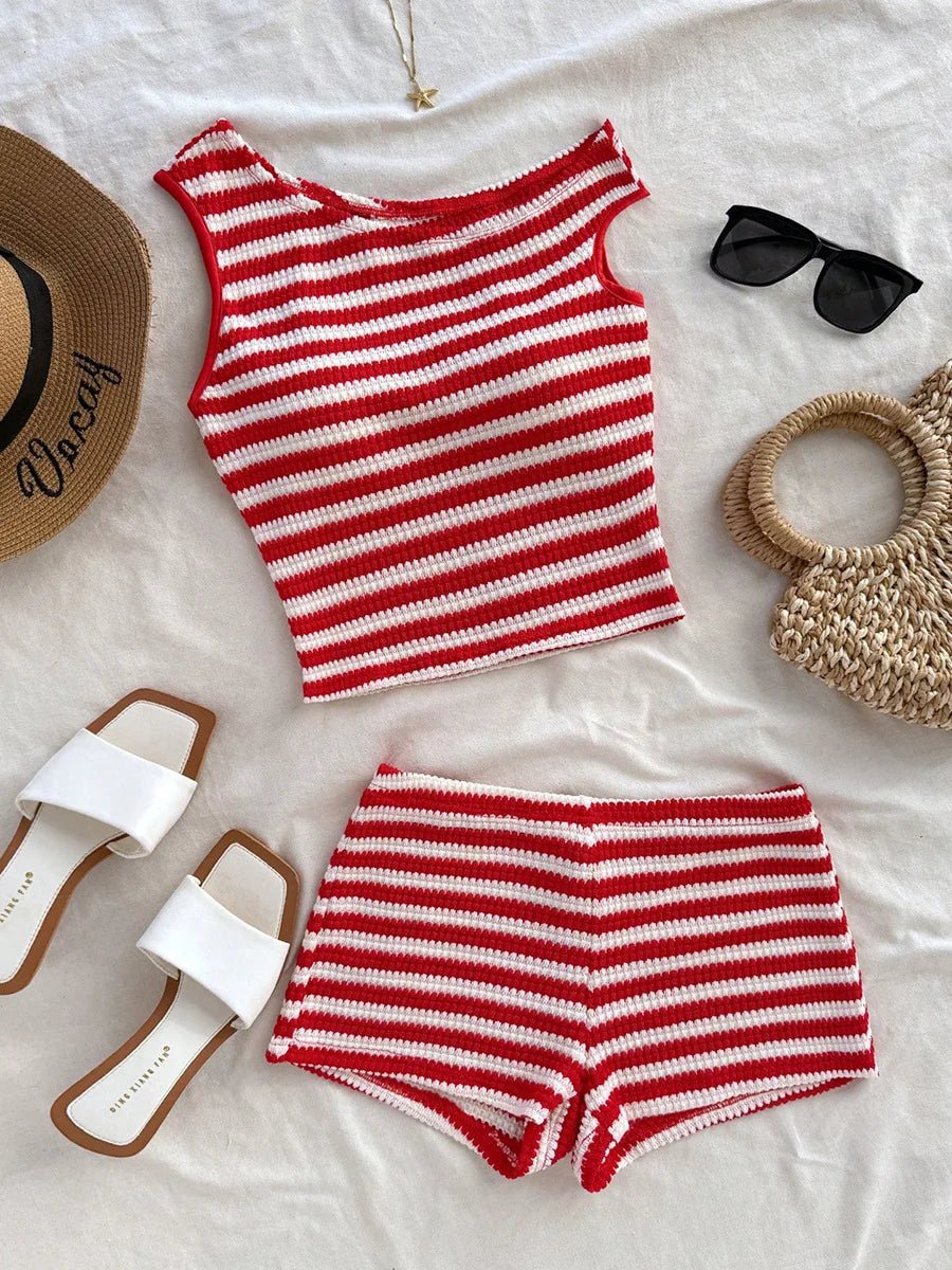 HLJ&GG Red Stripe Knitting Y2K Fashion Streetwear Women O Neck Sleeveless Slim Crop Top And Shorts Two Piece Sets Outfits 2025