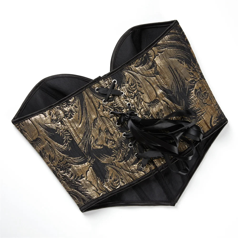 Sexy Women Overbust Corsets Crop Tops Golden Printed Bustiers Lace Up Body Shaper Lingerie Gothic Corselet