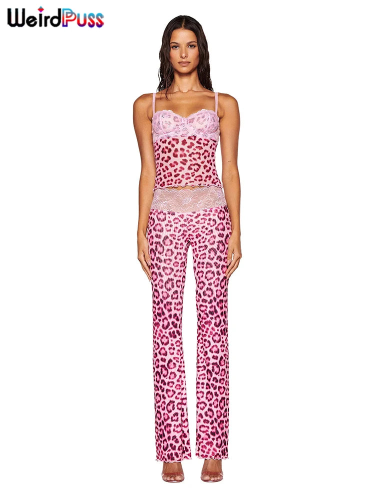 Weird Puss Mesh Patchwork 2 Piece Set Women Sexy Cleavage Sleeveless Crop Tops+Leopard Print Skinny Pants Street Wild Trend Suit