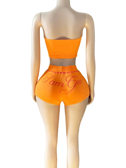 Weird Puss Letter Print Women 2 Piece Set Tracksuit Letter Print Strapless Tos+Shorts Matching Streetwear Skinny Stretch Outfits