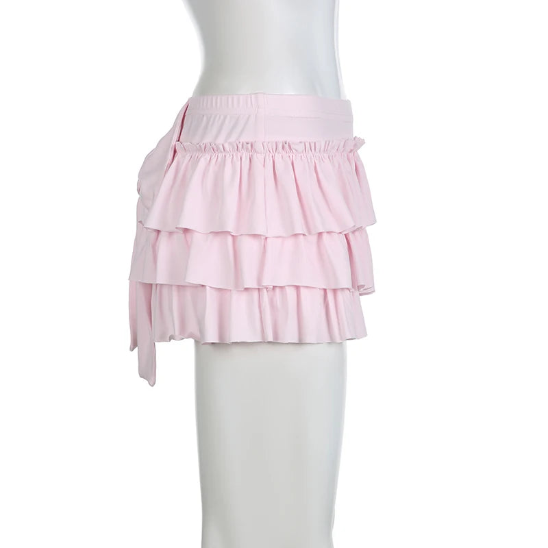 Rockmore Bow Sweet A-Line Skirts Women Sexy Slim Low-Waist Mini Skirts Y2K Female Summer Streetwear Pink Pleated Skirts Coqutte