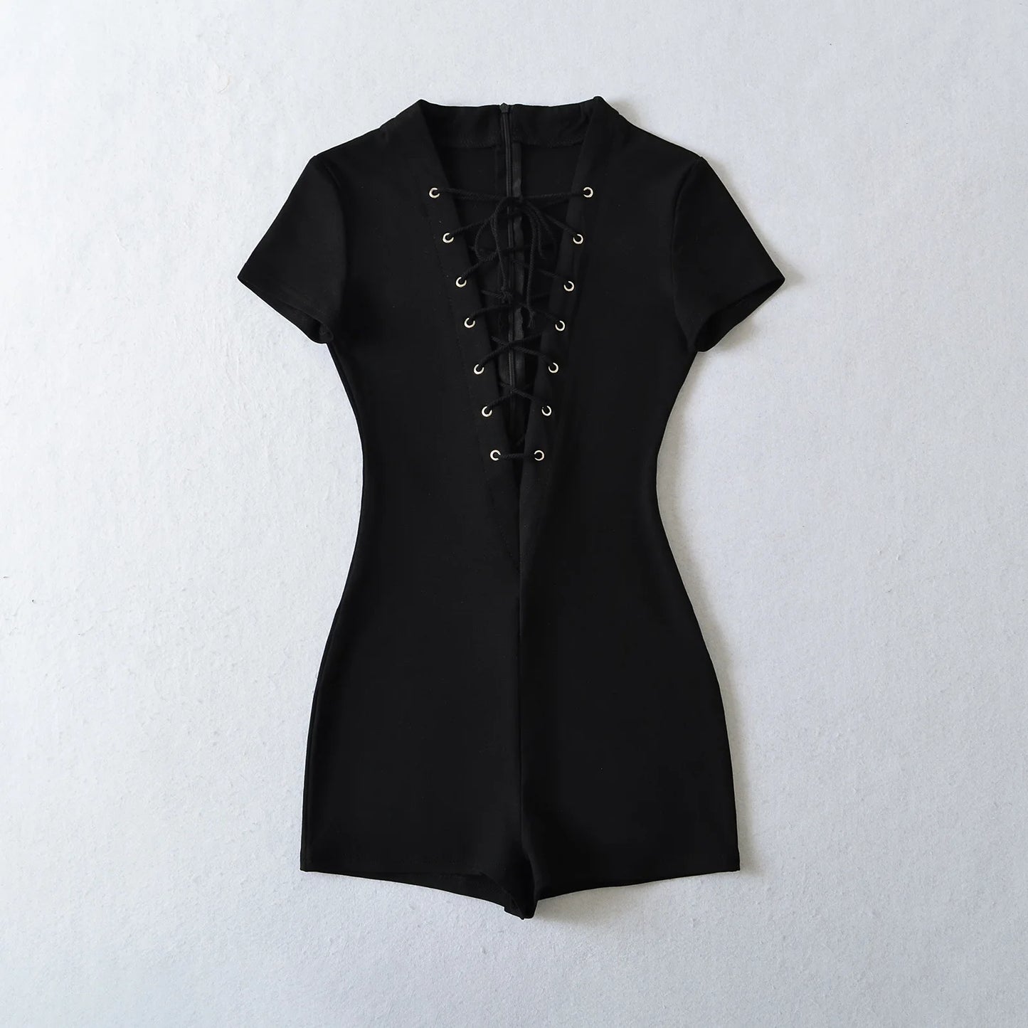 HLJ&GG Sexy Hollow Out Bandage Bodycon One Piece Rompers Women V Neck Short Sleeve Slim Jumpsuits Fashion Overalls Streetwear