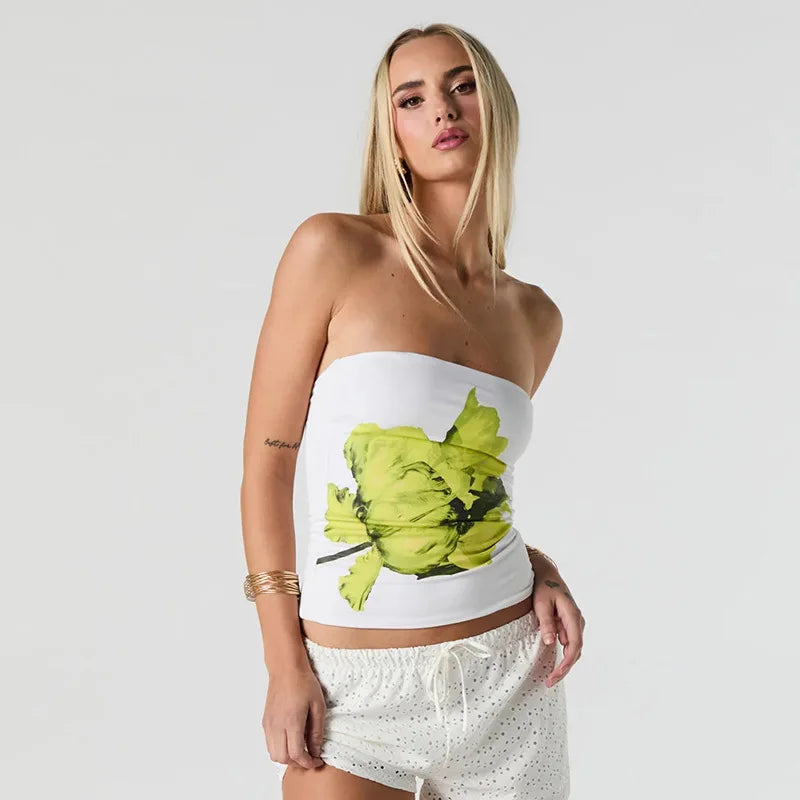 Nsauye 2025 Fashion Women Summer Y2K Clothes Skinny Floral Print Mini Tube Tank Tops Sleeveless Sexy Club High Street Crop Tops