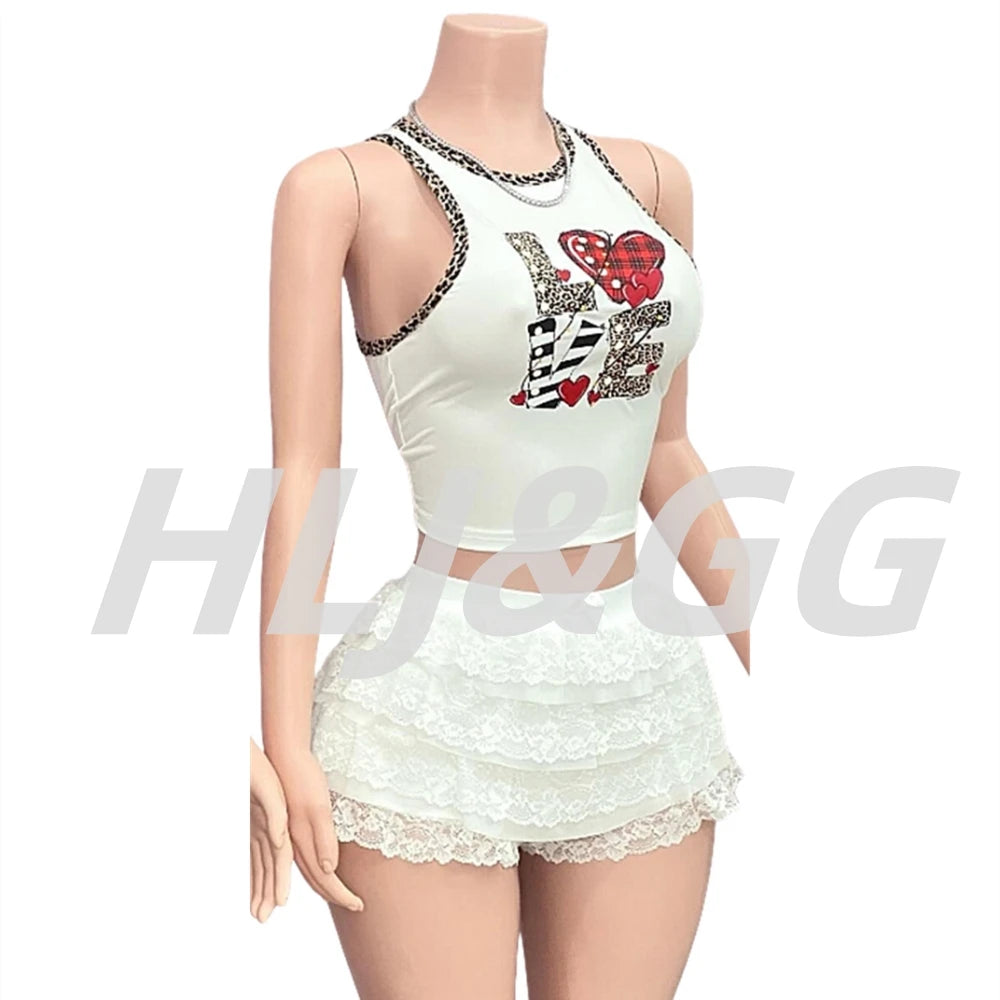 HLJ&GG Sexy Lace Splicing See Though Hollow Two Piece Sets Women Sleeveless Slim Crop Top+Ruffle Mini Skirts Outfits Streetwear
