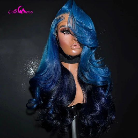Ombre Dark Blue Body Wave Human Hair Wigs 13x6 13x4 Lace Frontal Wig Pre Plucked 7x5 Glueless Wig 180 Density For Women
