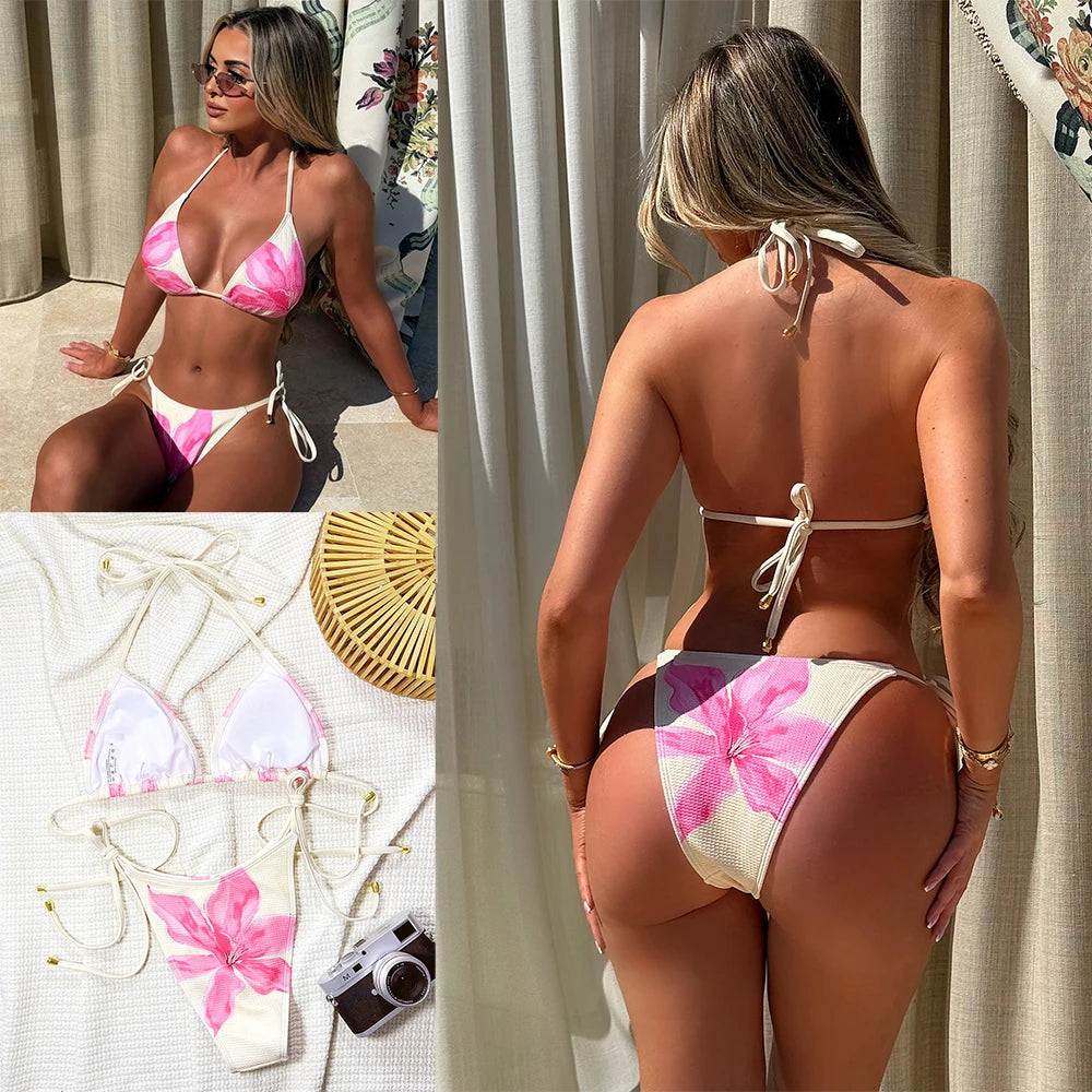 Una-Shop Floral Print Swimsuits For Women Neck Hanging Bikinis Sets Vacation Swimwear Summer Beach Swimming Pool Party Beachwear