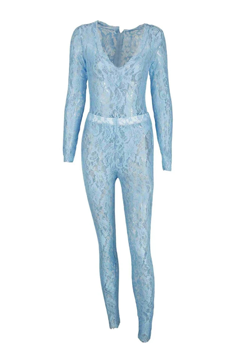 STYLISH LADY See Through Lace 2 Piece Set Women Long Sleeve Bodysuits and Skinny Pant Suits 2025 Summer Sexy Hollow Out Outfits