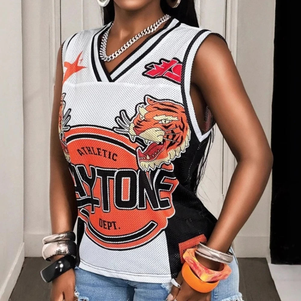 HLJ&GG Fashion Y2K Letter Print Loose Tshirts Two Piece Sets Women Round Neck Sleeveless Top And jeans Shorts Outfits Streetwear
