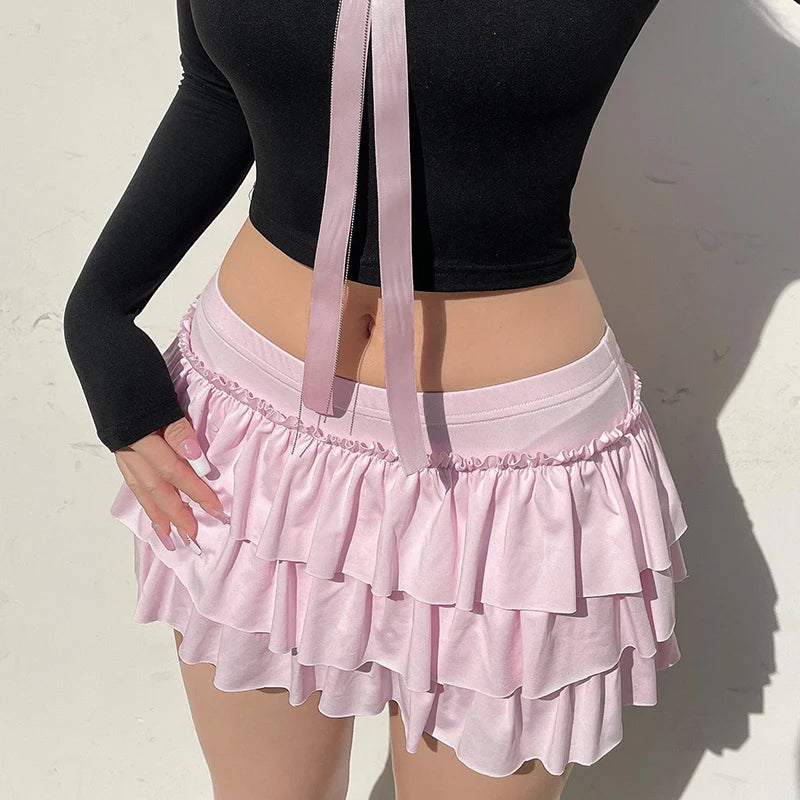 Rockmore Bow Sweet A-Line Skirts Women Sexy Slim Low-Waist Mini Skirts Y2K Female Summer Streetwear Pink Pleated Skirts Coqutte