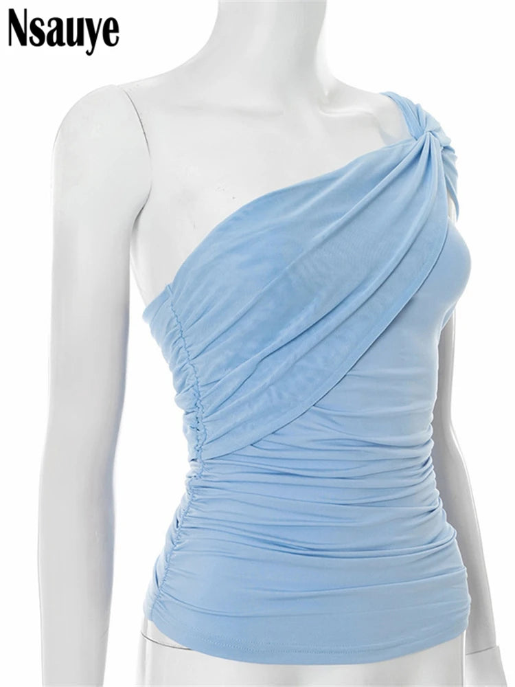 Nsauye Summer One Shoulder Sleeveless Twist Crop Top For Women Solid Backless Elegant Fashion Aesthetic Tank Tops Y2K Clothes