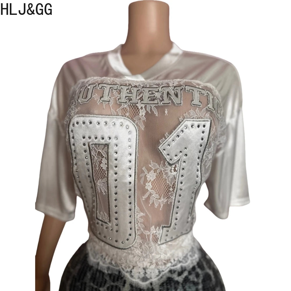 HLJ&GG Sexy Lace Splicing Letter Print Loose Tshirts Women V Neck Short Sleeve Straight Tops Fashion See Though Club Streetwear