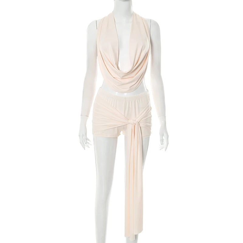 Weird Puss Elegant Women 2 Piece Set Halter Swing Collar Backless Sexy Tank Tops+Side Tassel Shorts Matching Clubwear Outfits