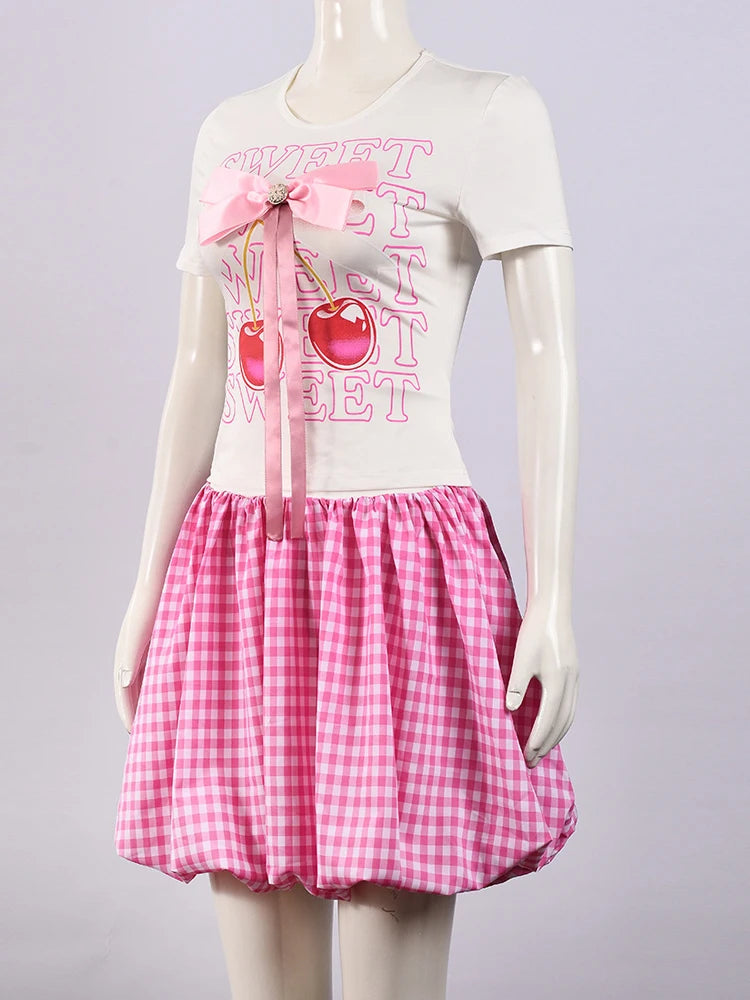 Kricesseen Cute Girls Sweety Bow-Tiw Tee Tops And Plaid Ruffles Skirt Set Two-Piece Pink Holiday Outfits