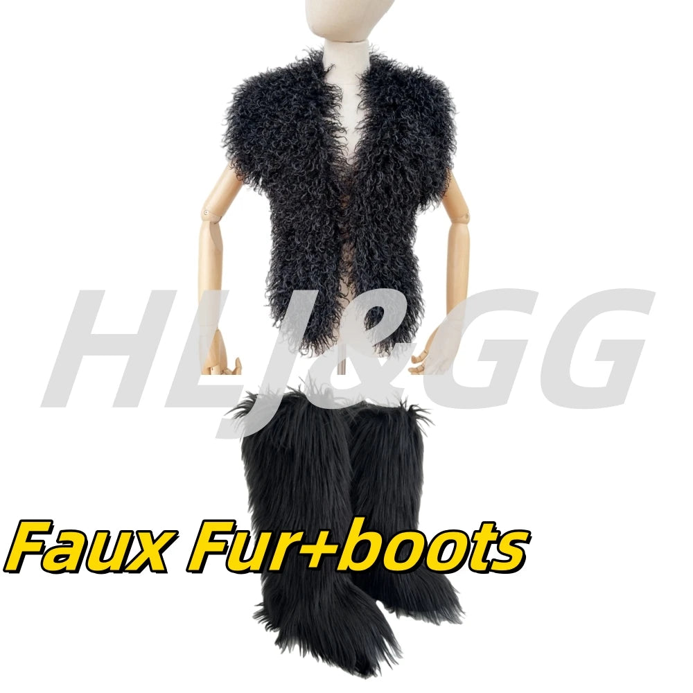 HLJ&GG Trend Y2K Two Piece Sets Women Fur Feather Halter Waistcoat Fashion Backless Lace Up Legs Cover Streetwear Clothing 2025