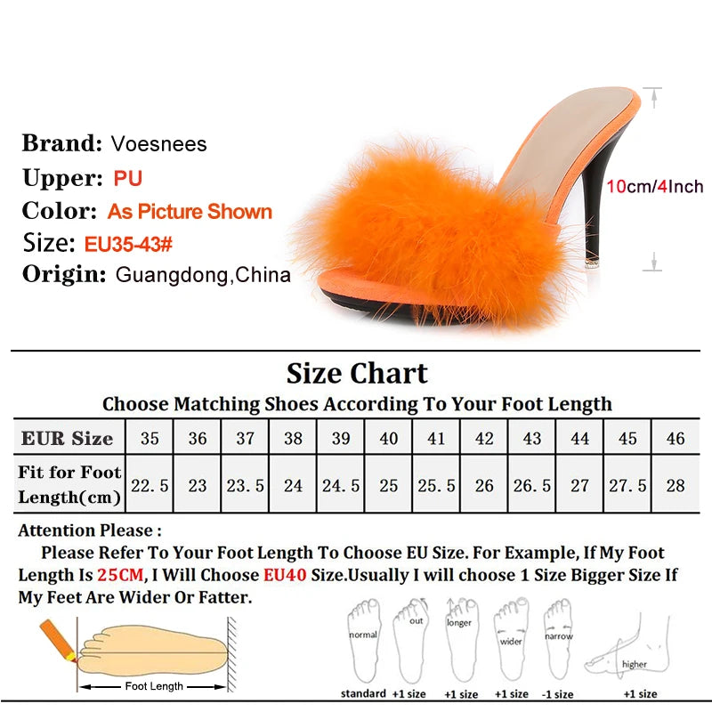 10CM Thin High Heel Designer Plus Size Summer Slippers For Ladies 2025 New Furry Slip-on Women's Shoes Pink Fur Slides Sandals