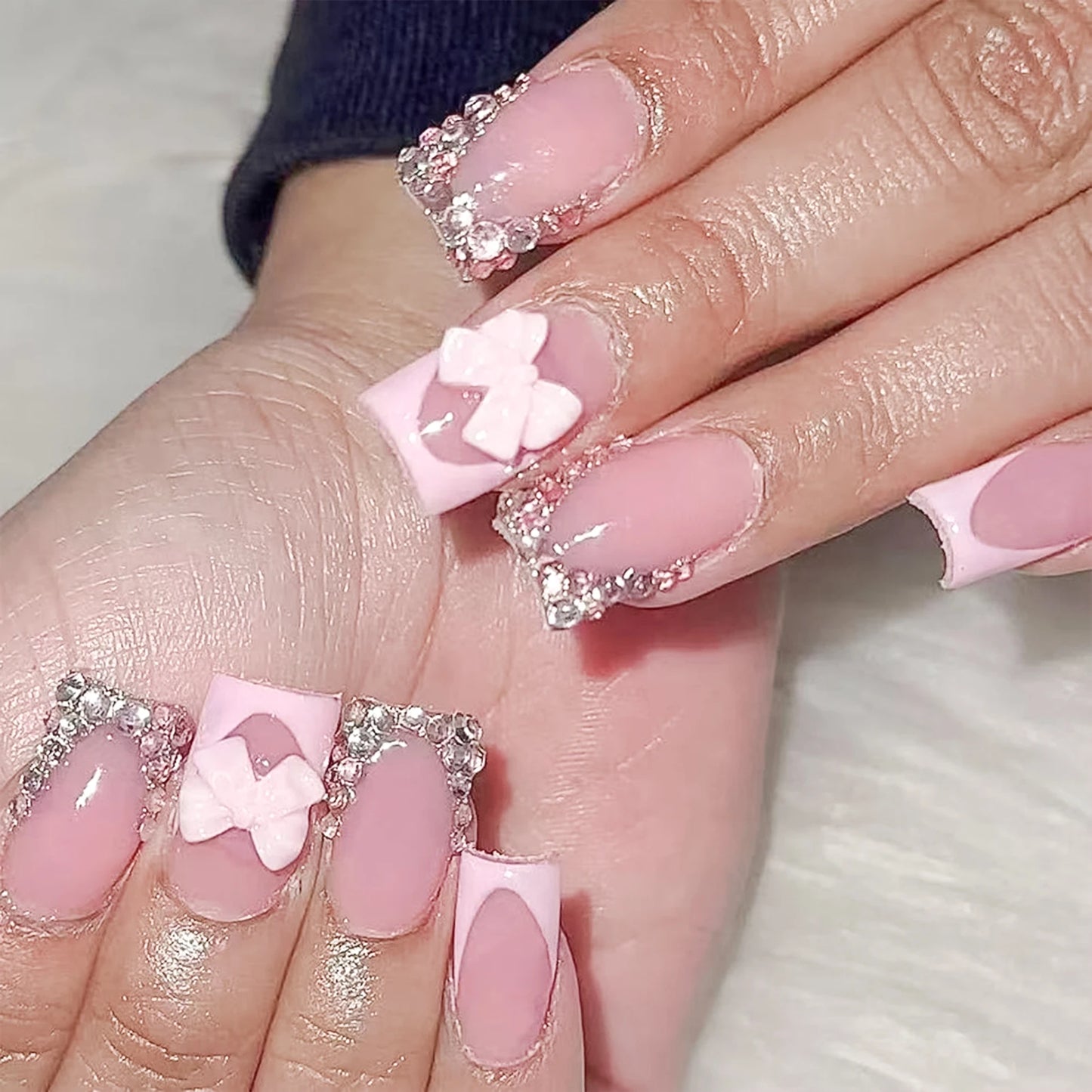 24pcs Nude Pink False Nails Patches 3D Bowknots Flower Press On Nails 2024 New Wearable White French Style Fake Nail Tips
