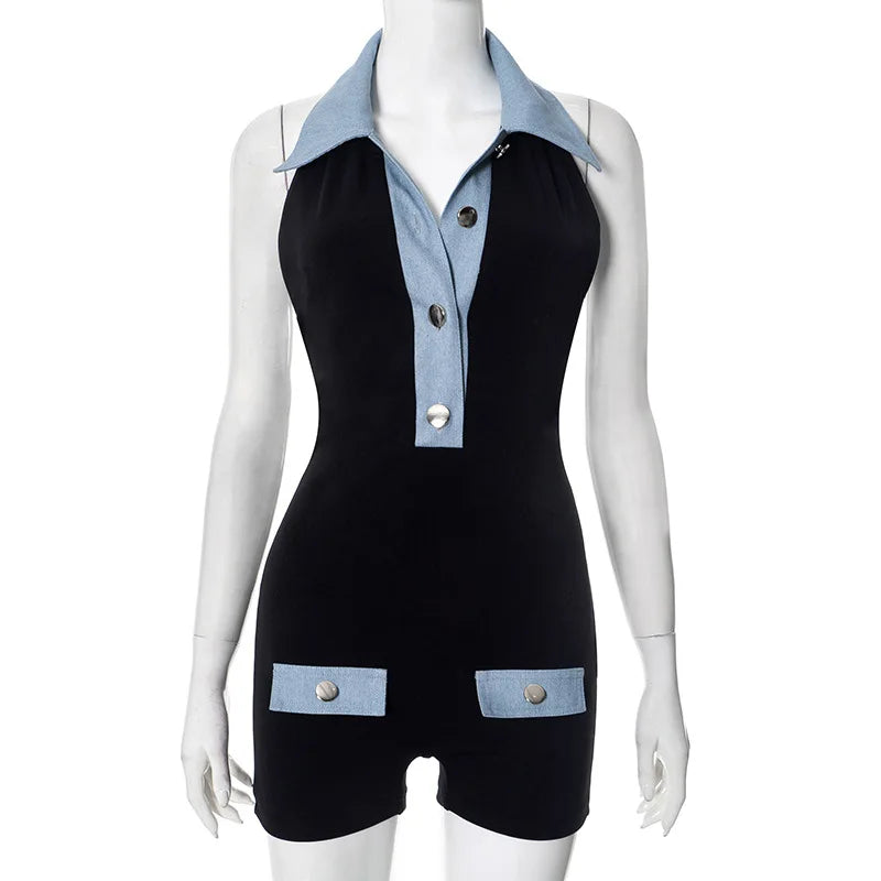 STYLISH LADY Contrast Color Playsuits 2025 Summer Women Turn Down Collar Backless Bodycon Sexy Club Party Street Rompers
