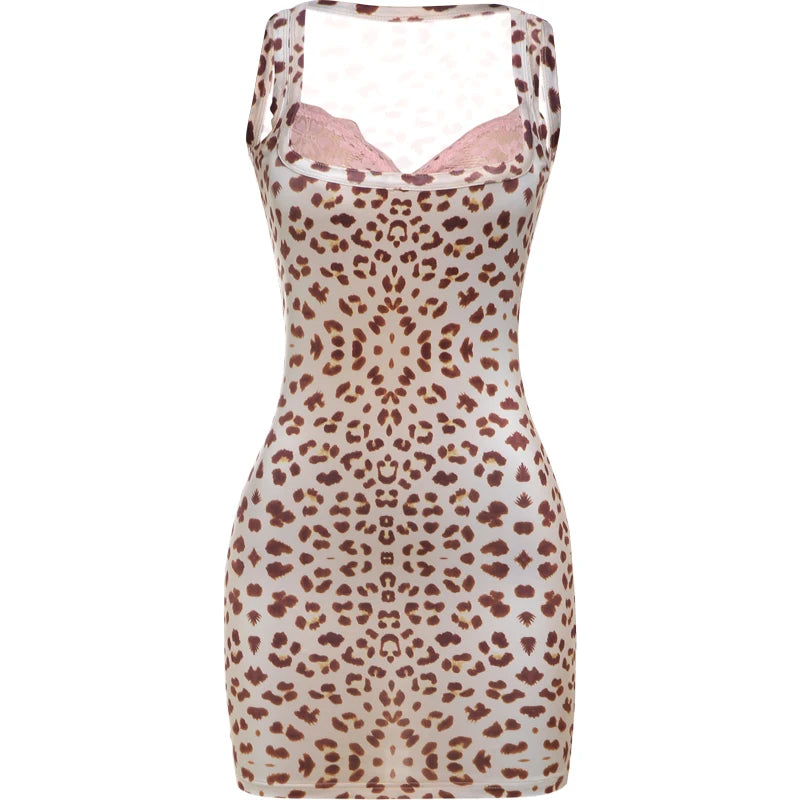 Weird Puss Leopard Print Dress Women Lace Square collar Sleeveless Mini Bodycon Hot Girl Midnight Club Party Hipster Outfits