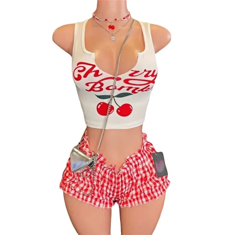 HLJ&GG Y2K Cherry Print Fashion Ruffle Shorts Two Piece Sets For Women V Neck Sleeveless Tank Top + Ruched Shorts Street Outfits