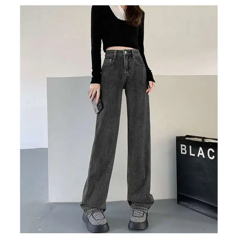 Woman Vintage Wide Leg Jeans Girls High Waist Pants Female Fashion Black Black Grey Retro Blue Light Blue Pink Denim Trousers