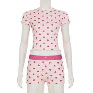 STYLISH LADY Heart Printed 2 Piece Set Women Short Sleeve Crop Top and Shorts Suits 2025 Summer Valentine's Day Home Sleepwear