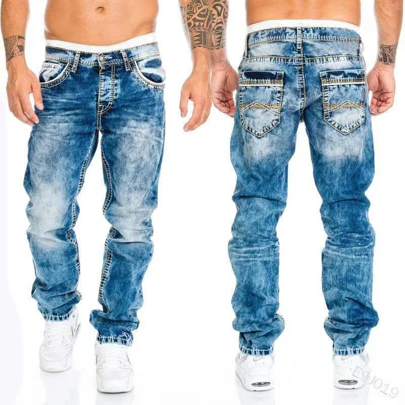 Vintage Wash Wash Straight Hip Hop Jeans Men Streetwear Casual Denim Cargo Pants Spring and Autumn Zipper Print Stretch Jeans