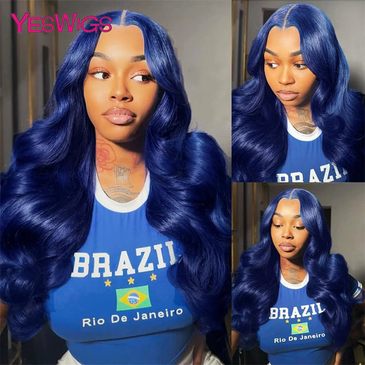 Navy Blue HD 13X6 Body Wave Lace Front Wig Colored Human Hair Wigs Glueless 30 Inch Royal Blue Lace Frontal Wig 100% Human Hair