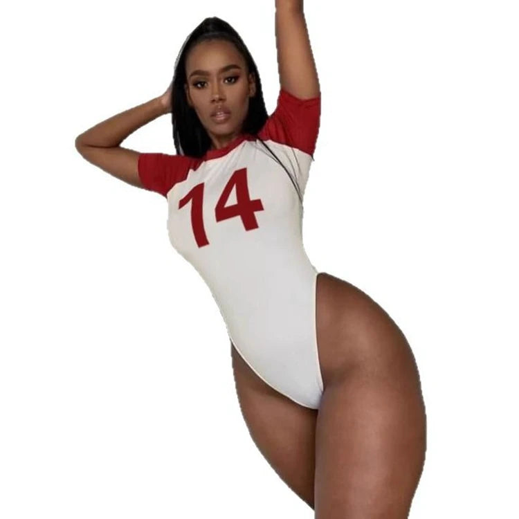 STYLISH LADY Number 14 Printed Bodysuits 2025 Summer Women Short Sleeve O Neck Patchwork Contrast Color Sexy Club Street Rompers