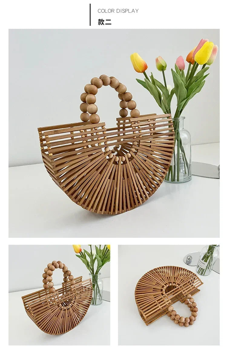 Women's Hand - Woven Bamboo Bag | Bamboo Woven Basket Style, Beach Vacation Essential, Handheld Bucket Design